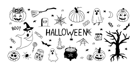Hand drawn doodle halloween set. Vector cute and funny spirits, ghosts, pumpkins and sweets. Outline.