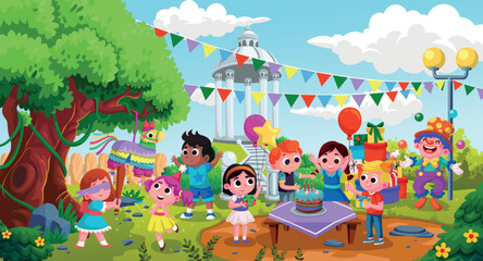 cartoon illustration of birthday party celebration in the yard.