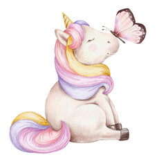 Little unicorn sitting on the floor. Children illustration. © Ann Lou