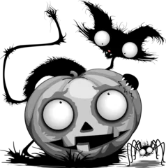 Foto op Plexiglas Draw Kat, pompoen en spin grappige en domme Halloween illustratie geïsoleerd op transparante achtergrond