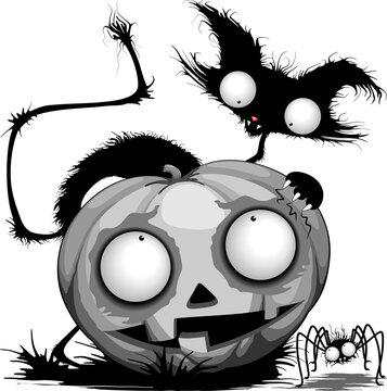 Cat, Pumpkin and Spider Funny and silly Halloween Illustration isolated on transparent background