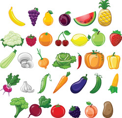 Cartoon fruits and vegetables. Broccoli, carrot, cabbage, beetroot, kiwi, apricot, mango. Fresh organic vegetable, fruit slices vector set. Organic healthy food for market,