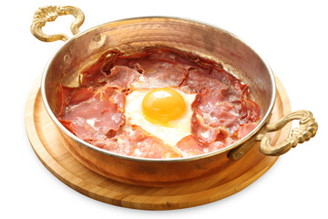 Eggs in a pan with beef bacon isolated, turkish breakfast sahanda pastırmalı yumurta - obrazy, fototapety, plakaty