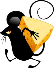Mouse Funny Cartoon Character carrying a piece of cheese isolated element on transparent background