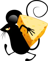 Fototapete Zeichnung Maus Lustige Zeichentrickfigur, die ein Stück Käse trägt, isoliertes Element auf transparentem Hintergrund