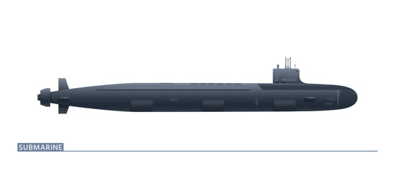 Nuclear attack submarine in a side view with retractable special devices from the conning tower. Vector illustration