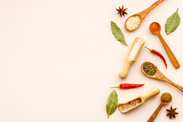 Layout of spices and herbs in wooden spoons, top view