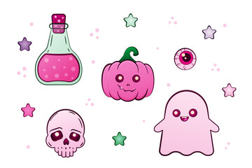 Set with cute pumpkin, ghost, skull, potion, eye. Pink color. Symbols of a happy Halloween holiday. Vector illustration