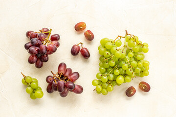Bunches of grapes berries, top view. Fresh fruits nad berries background