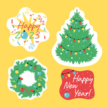 Stickers set. christmas tree, wreath with string garland. lettering inspiration happy new year 2023. Sticker pack bundle. Vector illustration