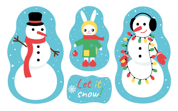 Snowman in headphones wrapped in string, in hat, rabbit christmas ball. let it snow sticker bundle