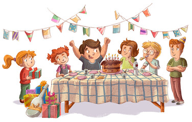 Illustration of kids celebrating a birthday party at the table