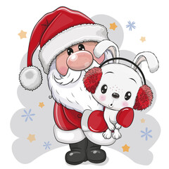 artoon Santa Claus with white rabbit on a gray background