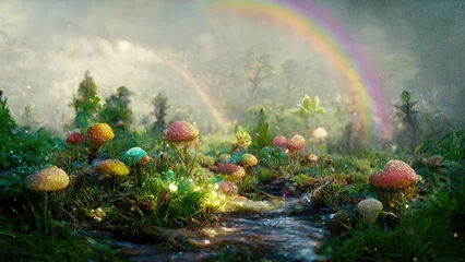 Poster Magic mushrooms with rainbow in fairy tale landscape © Robert Kneschke