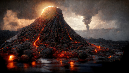 Erupting volcano with hot lava and magma as natural disaster