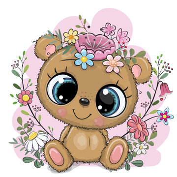 Cartoon Teddy Bear with flowers and branches