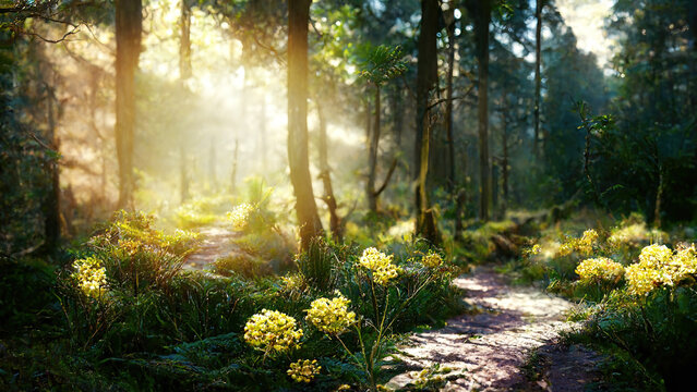 Sunlight in Euopean forest with hiking trail and flowers