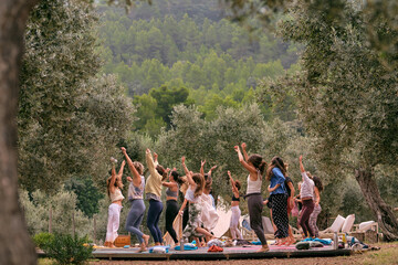Naklejka premium Side view of full body group of women dancing and relaxing with raised hands with female instructor while having aerobic training in nature