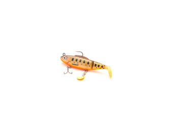 Minnow jig head hard bait lure with under spinner blade, sharp treble hooks, barb J hook isolated...