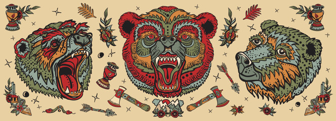 Old school tattoo collection. Bear head. Aggressive grizzly, traditional tattooing style
