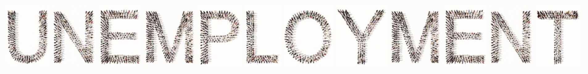 Concept conceptual large community of people forming the UNEMPLOYMENT wooord.  3d illustration metaphor for  jobless, poverty, broke, stress and failure, layoff, business and economic  crisis