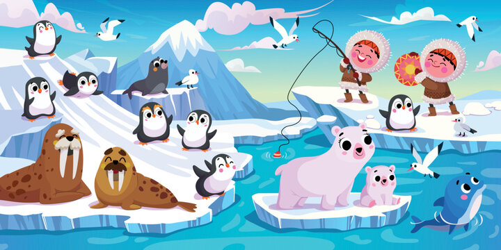 vector illustration of animals and inhabitants of the continent of Antarctica.