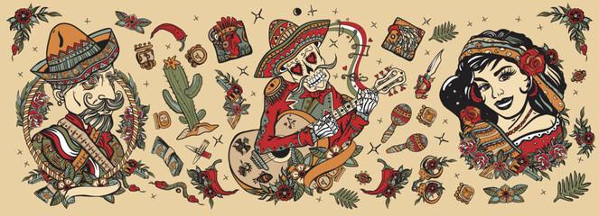 Old school tattoo collection. Mexico. Skeleton with guitar, mexican woman, bandit. Day Of Dead art. Traditional tattooing style