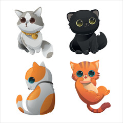 Adorable cats characters. Cute cat, funny kitten. Animal meow, cartoon fluffy pets exact vector collection