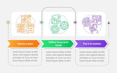 Business planning rectangle infographic template. Data visualization with 3 steps. Editable timeline info chart. Workflow layout with line icons. Myriad Pro-Bold, Regular fonts used