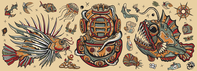 Old school tattoo collection. Underwater world. Scuba diver helmet, octopus kraken tentacles. Sea monsters. Angler fish, lionfish, jellyfish. Deep water diving art. Treasures and life of ocean