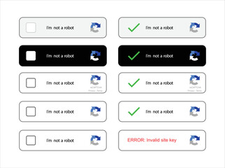 Captcha icon set . I am not a robot. Vector computer code. I m not a robot button. recaptcha and error Vector web button. Stock vector Illustration for website or application Eps8