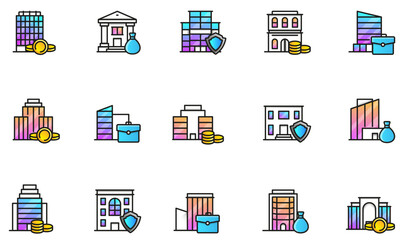 Vector Set of Linear Icons Related to bank buildings and financial consultations and services. Mono line pictograms and infographics design elements with gradients