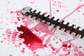 Reciprocating Saw and blood splatter on white background with copy space. Crime scene investigation concept. 