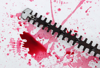 Bloodstains on white background with copy space. Crime investigation concept. 