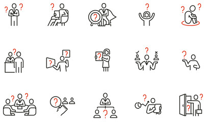 Vector Set of Linear Icons Related to problematic issue, uncertainty and confusion. Mono line pictograms and infographics design elements - obrazy, fototapety, plakaty