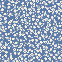 Simple vintage pattern. small white flowers and leaves. blue   background. Fashionable print for textiles and wallpaper.