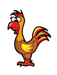 Rooster in bright colors, farm birds. Cute and funny colorful farm rooster, chicken, cock, cockerel, cartoon vector illustration isolated on the background.