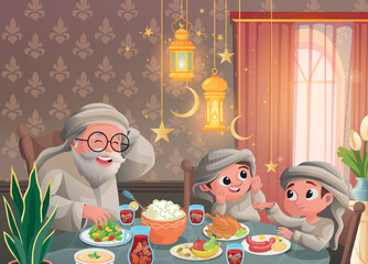 A Muslim Family Father and 2 Kids Breaking Ramadan Fasting vector illustration