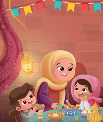 Sahur time and iftar family in the month of Ramadan. eid mubarak