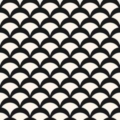 Vector abstract seamless pattern in art deco style. Simple black and white geometric background with curved shapes, fish scale, peacock ornament, mesh, grid. Modern monochrome texture. Repeat design © Olgastocker