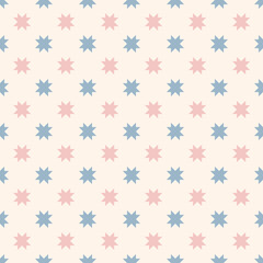 Vector geometric seamless pattern with flower silhouettes, crosses, snowflakes. Simple abstract floral ornament. Cute retro vintage style background. Texture in soft blue, pink and beige color