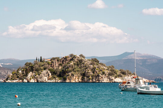 View of the sea  from the beach of Tolo in a colorful day 
