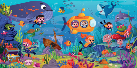cute underwater illustration. the beauty of marine life. beautiful and colorful fish, algae and coral reefs