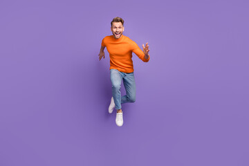 Fototapeta na wymiar Full body photo of overjoyed laughing man enjoy summer vacation isolated on purple color background