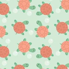 Cute sea turtles, tortoise seamless pattern, underwater texture, Marine animal background, Children wallpapers, endless ornament, repeating print. Design element for textiles, wrapping paper, fabric, 