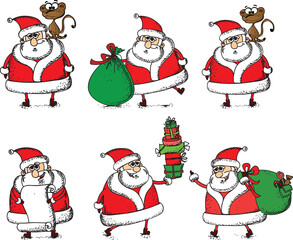 Cute Santa Clauses vector set. Can be printed and used as Christmas, New Year, Xmas template, card, placard, design elements