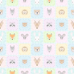 Cute woodland animals on soft pastel background. Seamless pattern for kids wallpaper  