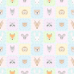 Cute woodland animals on soft pastel background. Seamless pattern for kids wallpaper  