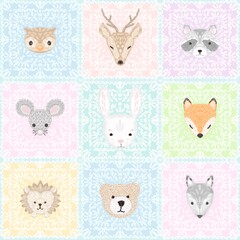 Cute woodland animals on soft pastel background. Seamless pattern for kids wallpaper  