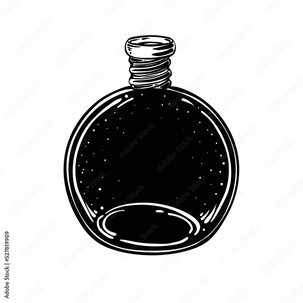 Wall mural Magic potion black bottle. Vector illustration isolated on white. Spirituality, occultism, chemistry, magic tattoo concept.